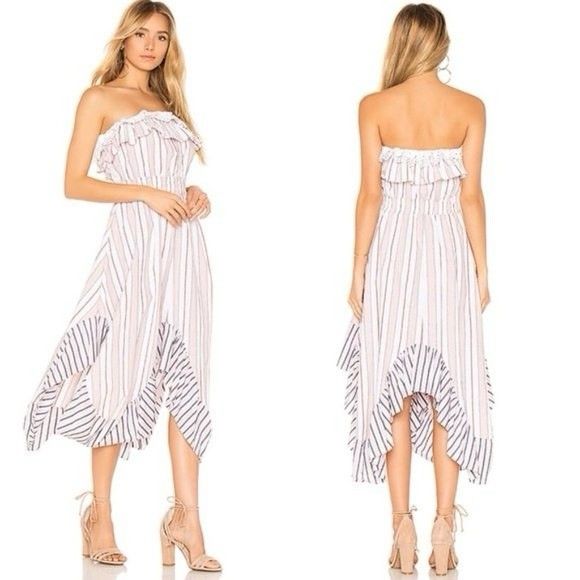 Misa Los Angeles Virginie Midi Dress Size Large Strapless Ruffle Pink Gray